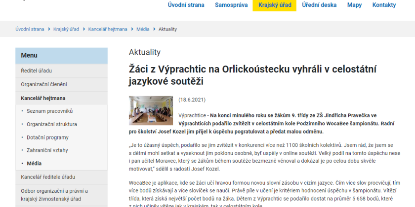 WocaBee a zmínka na webu pardubického kraje